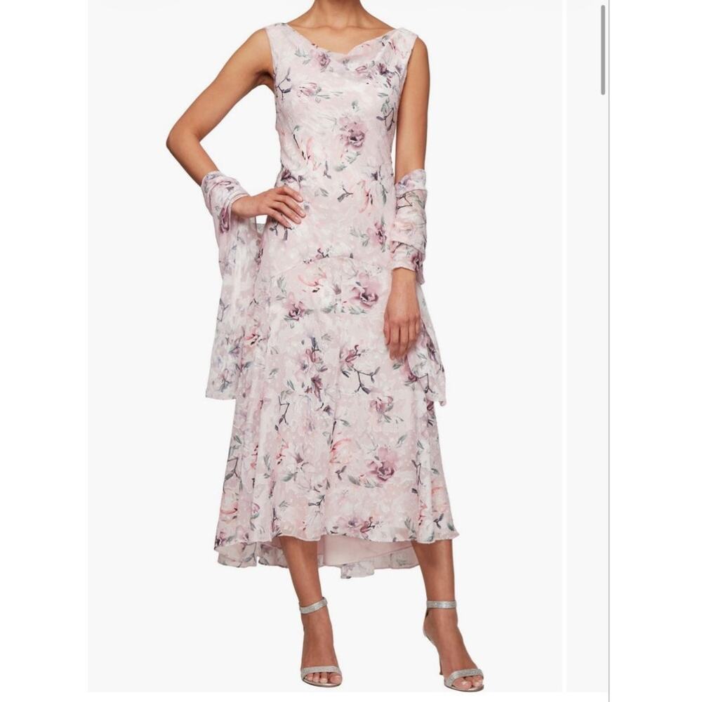 Alex Evenings Foral Pink Burnout High Low Mid Wedding Dress Size